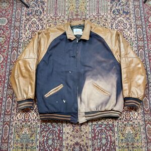 VTG 80s Excelled XLT Varsity Jacket Navy Wool Brown Leather Faded Distressed USA